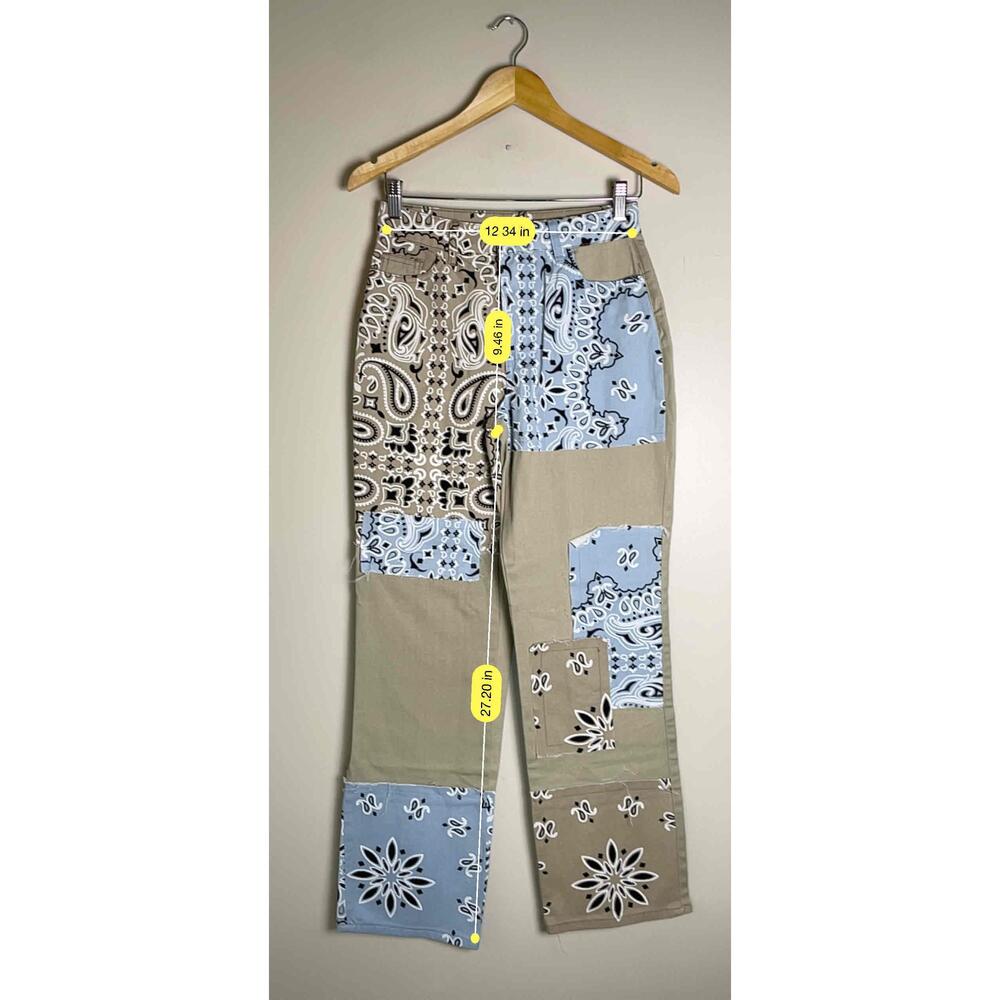 New Boohoo Women's Patchwork Boho‎ Bandana Khaki Denim Pants - Picture 9 of 9
